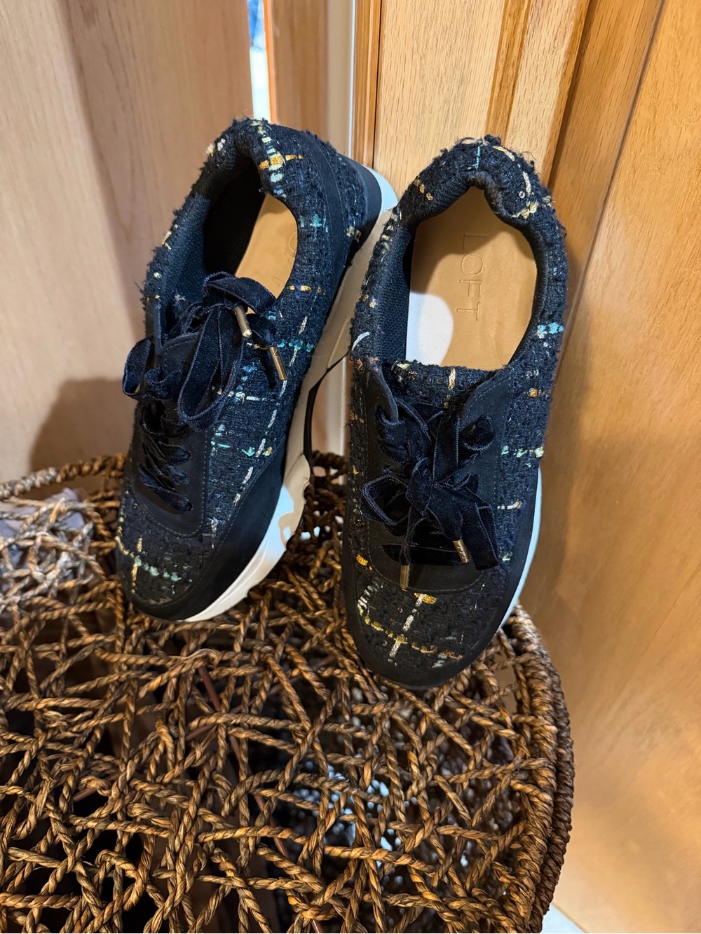 LOFT Black Tweed Lace-Up Sneakers with Yellow & Aqua Speckles